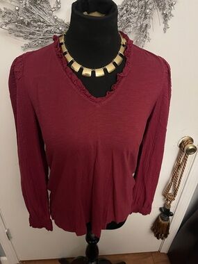 LOFT Burgundy Ruffled V-Neck Long-Sleeve Top